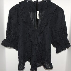 🎉 NWT! Madewell Black Ruffled Puff‑Sleeve Top – Women's Size Small